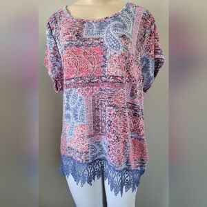 No Comment Plus Size Stretch Rayon Women's Paisley Lace Hem Top Pink/Blue 3X